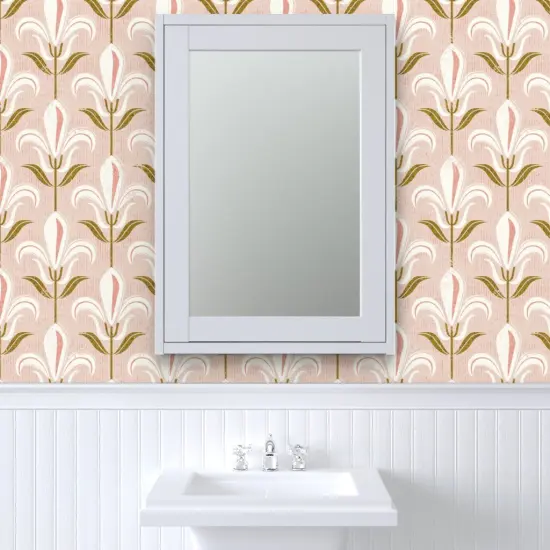 Pre-Pasted Wallpaper 2FT Wide Pink Floral Fleur-De-Lis Lily Retro Flowers White Fresco Large Scale Custom Pre-pasted Wallpaper by Spoonflower {6}