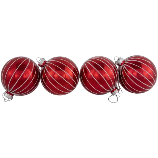Northlight 4ct Shiny Red and White Striped Glass Ball Christmas Ornaments 3" (80mm) {4}
