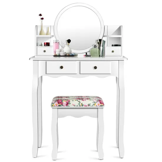 Makeup Vanity Table Set Girls Dressing Table with Drawers Oval Mirror White {4}