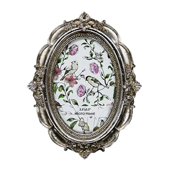 BLYBH Vintage Oval Picture Frame 2.5x3.5 Retro Photo Frames, Tabletop & Wall Hanging Ornate Antique Picture Frame with High Definition Glass, Silver {1}