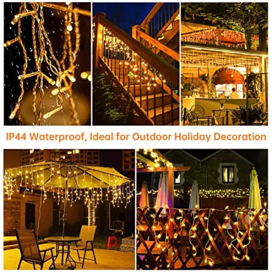 Icicle Lights Christmas Lights Outdoor 49.2Ft 440 LED Extendable Dripping Lights 8 Mode Warm White Icecycle String Lights Cascade for Indoor Outside Xmas Holiday House Decor, Clear Wire {1}