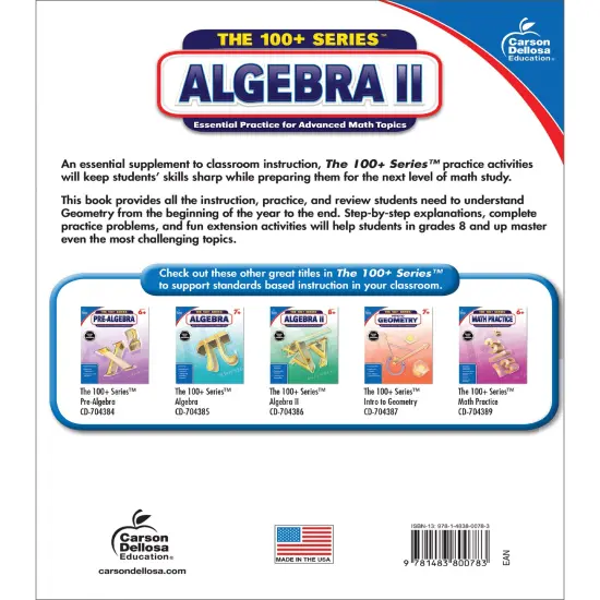 Carson Dellosa The 100 Series Algebra 2 Workbook, Math Book for Grades 8 and Up Covering Trigonometry, Quadratic Equations,, Algebraic Functions, and More, Classroom or Homeschool Curriculum {2}