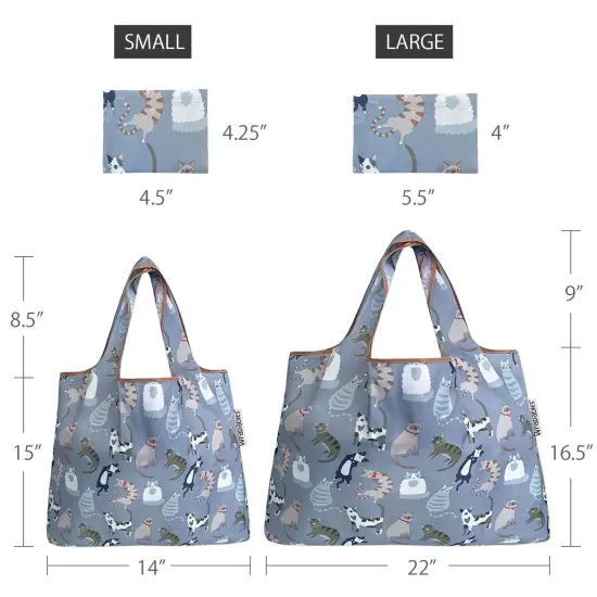Wrapables Large & Small Foldable Tote Nylon Reusable Grocery Bags, Set of 2 Cool Felines {2}