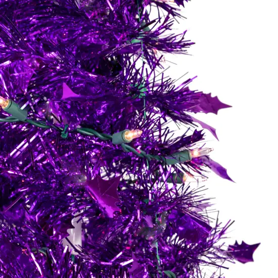 Northlight 4' Pre-Lit Purple Tinsel Pop-Up Artificial Christmas Tree, Clear Lights {4}