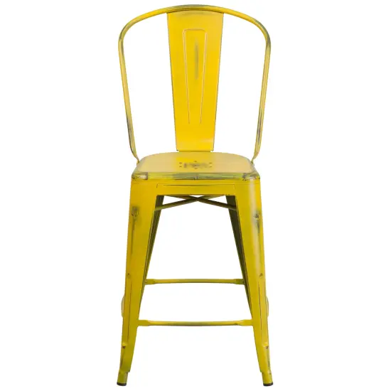 Emma and Oliver Commercial Grade 4 Pack 24" High Distressed Metal Indoor-Outdoor Counter Height Stool with Back Yellow {3}
