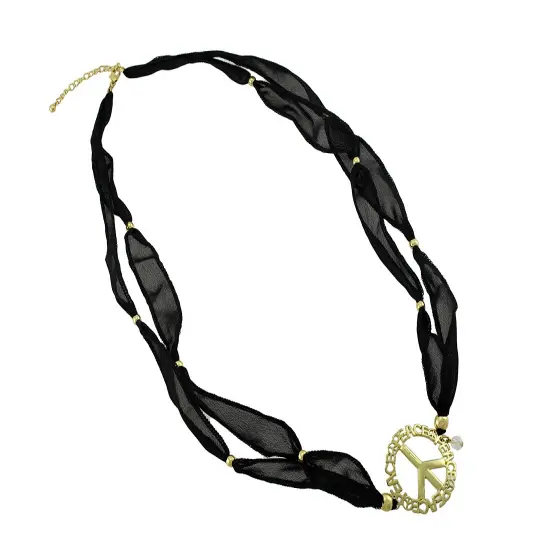 Black Beaded Ribbon Gold Tone Peace Sign Wrap Bracelet {4}