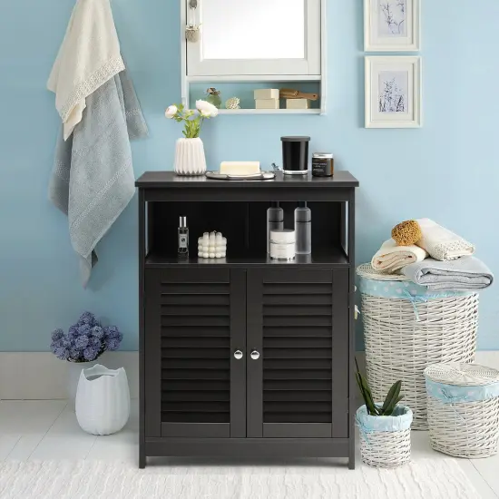 MDF Bathroom Storage Cabinet with Shutter Doors and Adjustable Shelves Black {6}