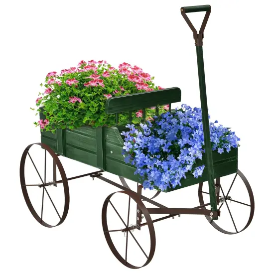 Rustic Wooden Wagon Planter with Metal Wheels Small Garden Cart for Flowers Outdoor Decor Green {4}