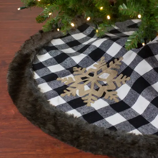 Northlight 48" Black and White Buffalo Plaid Christmas Tree Skirt with Burlap Snowflake {1}