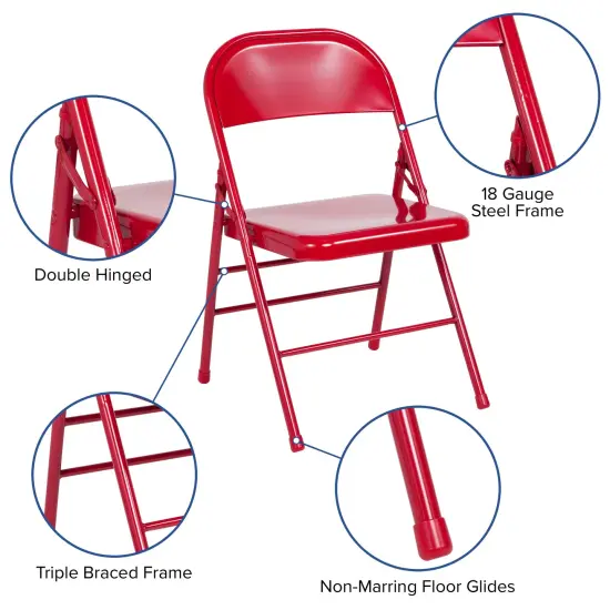 Emma and Oliver 4 Pack Triple Braced & Double Hinged Metal Folding Chair Red {2}