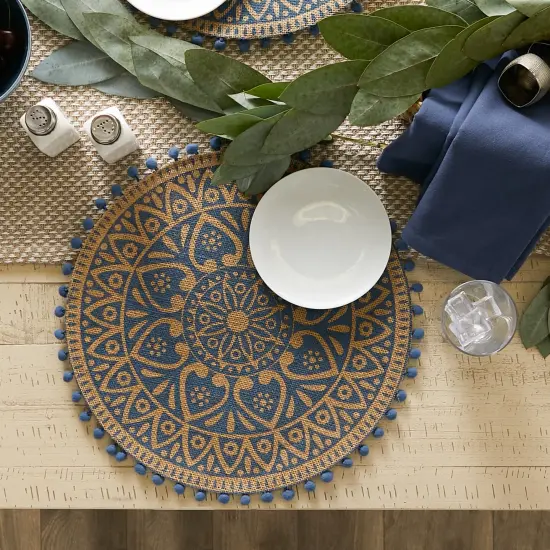 DII French Blue Block Print On Natural Round Jute Placemat (Set of 6) {4}