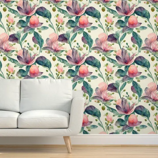 Peel & Stick Wallpaper 2FT Wide Boho Watercolor Floral Botanical Leaves Large Scale Rose Romantic Flowers Custom Removable Wallpaper by Spoonflower {5}
