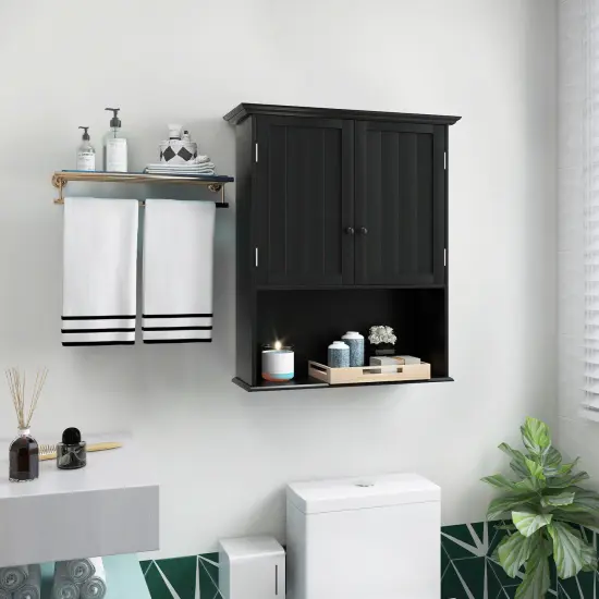 2-Door Wall Mount Bathroom Storage Cabinet with Open Shelf Black {2}