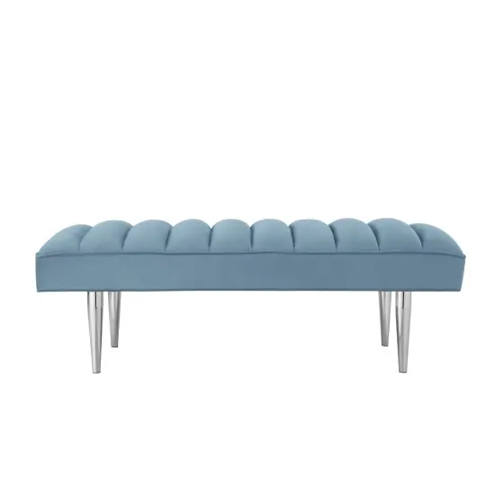 Denver Velvet Channel Tufted Bench with Mirrorred Lacquer Finish With Gold/Chrome Legs Blue/Chrome {2}