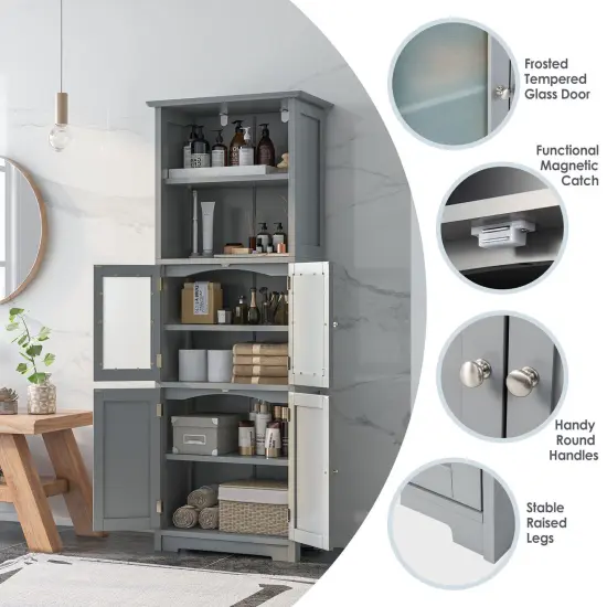 6-Tier Freestanding Bathroom Cabinet with 2 Open Compartments and Adjustable Shelves-Gray {6}
