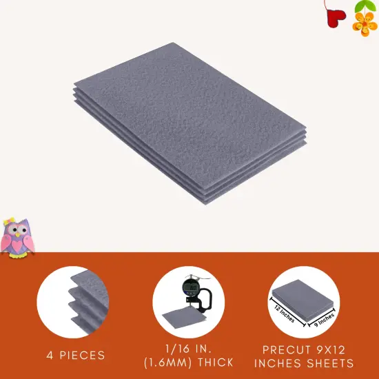 FabricLA Acrylic Felt Sheets for Crafts - Precut 9" X 12" Inches (20 cm X 30 cm) Felt Squares - Use Felt Fabric Craft Sheets for DIY, Hobby, Costume, and Decoration | Grey - 4 Pieces {4}
