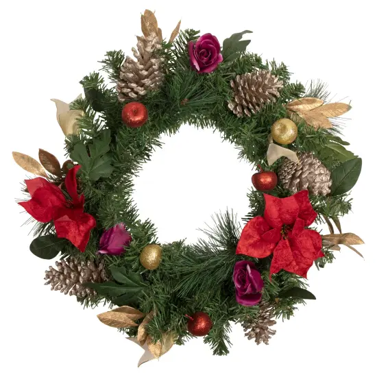 Northlight Decorated Red Poinsettia and Rose Artificial Christmas Wreath, 24-inch, Unlit {1}
