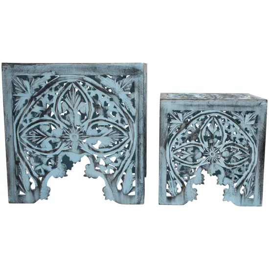 Northlight Set of 2 Antique Blue Square Stackable Nesting Side Table and Stool 16" {4}