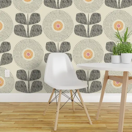Pre-Pasted Wallpaper 2FT Wide Mid Century Modern Retro Floral Large Scale Neutral Cream Custom Pre-pasted Wallpaper by Spoonflower {1}