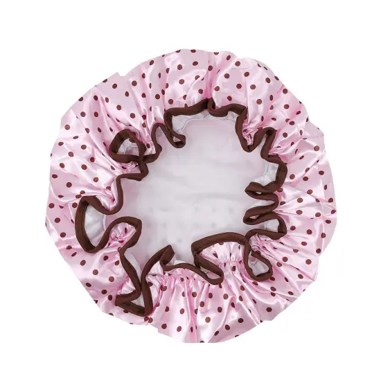 Wrapables Reusable Women's Waterproof Shower Caps for Long Hair Pink Polka Dots {2}