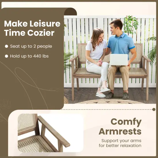 Costway Indonesia Teak Wood Garden Bench 2-Person Bench with Armrests Natural Rattan Backrest & Seat {6}