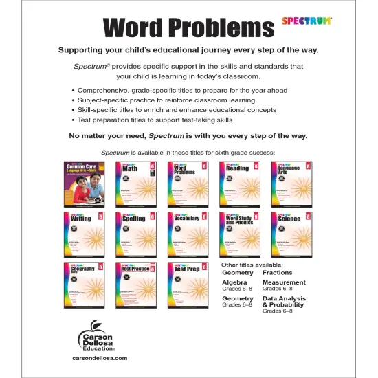 Spectrum Grade 6 Word Problems Math Workbook, Ages 11-12, 6th Grade Math Word Problems Covering Fractions, Decimals, Geometry, and Algebra 1 Prep, 6th Grade Math Word Problems Workbook for Kids {2}