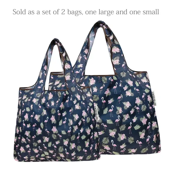 Wrapables Large & Small Foldable Tote Nylon Reusable Grocery Bags, Set of 2 Flamingoes & Floral {3}