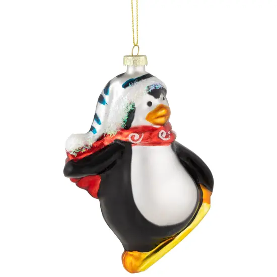 Northlight Snowboarding Penguin Glass Christmas Ornament - 4.25" - Black, White and Red {4}
