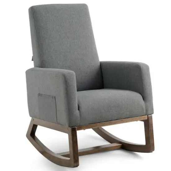 Ergonomic Fabric Upholstered Rocking Chair High Back, Breathable Cloth, Plywood Base Grey {1}