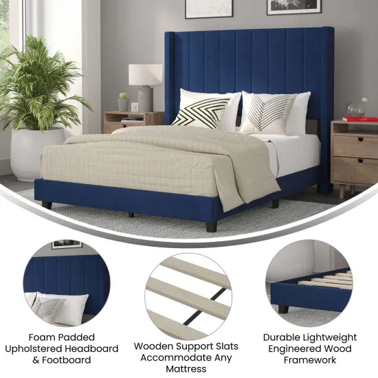 Merrick Lane Sana Modern Upholstered Platform Bed Frame with Padded, Tufted Wingback Headboard and Wood Support Slats, No Box Spring Required {7}
