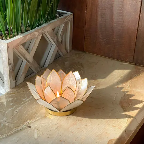 White Capiz Shell Lotus Flower Small Tealight Candle Holder Set of 3 {7}