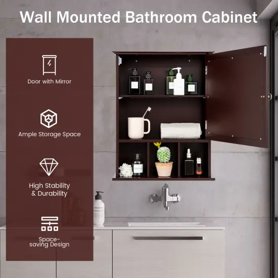 Wall Mounted Bathroom Cabinet with Mirrored Magnetic Door Holder Brown {3}