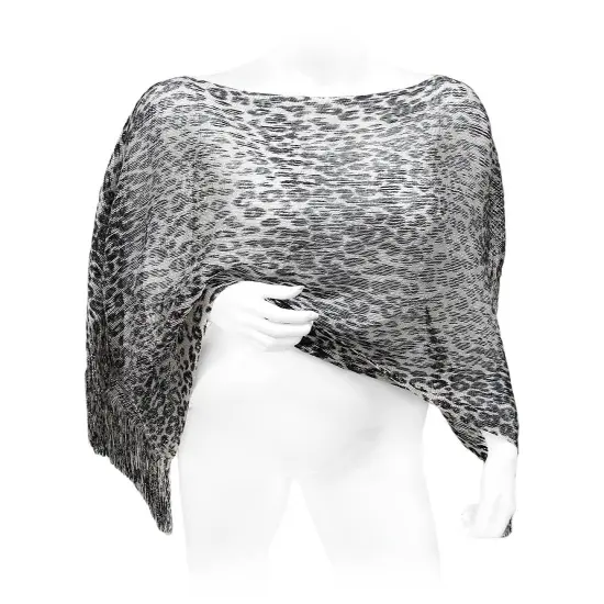 Black And Gray Metallic Leopard Print Lightweight Poncho {4}