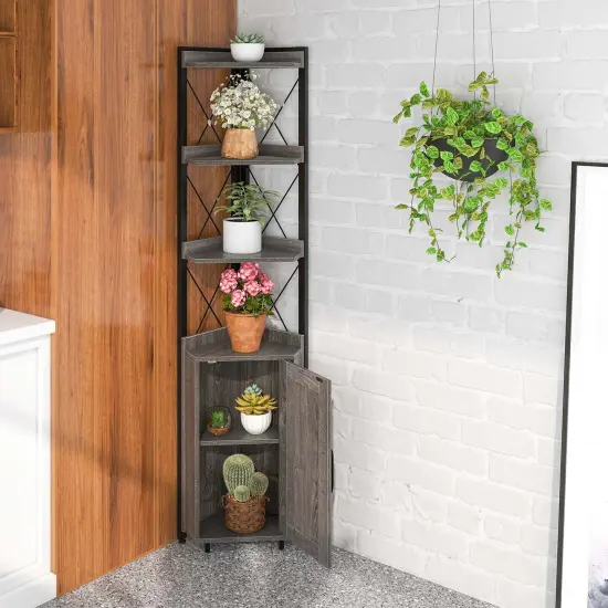 Costway 6-Tier Corner Bookshelf with 5-Level Adjustable Shelf & Anti-Tipping Kits Rustic Brown/Gray {4}