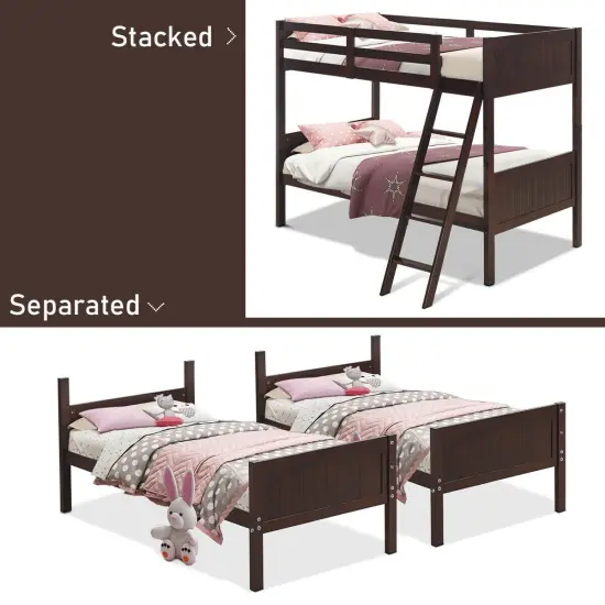 Twin Size Wooden Bunk Beds Convertible 2 Individual Beds Brown {6}