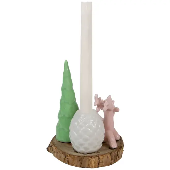 Northlight Reindeer with Tree and Pine Cone Christmas Taper Candle Holder - 6" Pink {6}