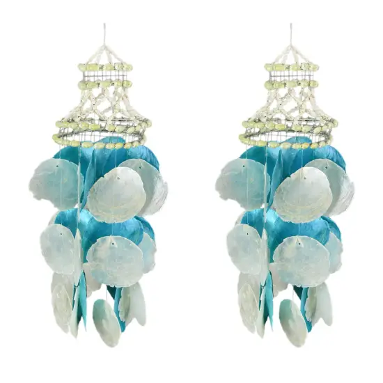 Set of 2 Coastal Blue and White Capiz and Cowrie Shell Wind Chimes Garden Patio {1}
