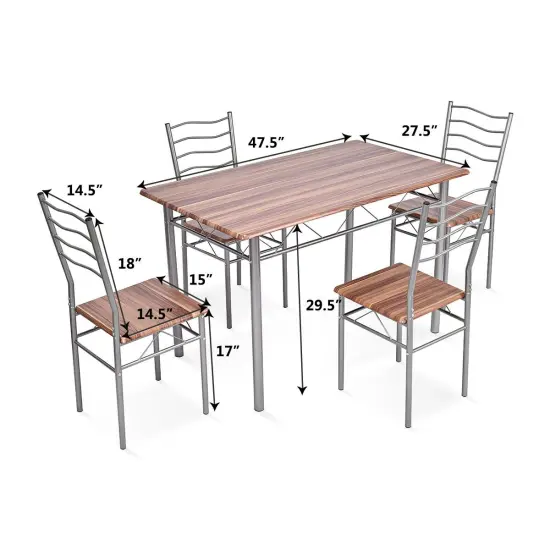 5 pcs Wood Metal Dining Table Set with 4 Chairs Walnut {5}