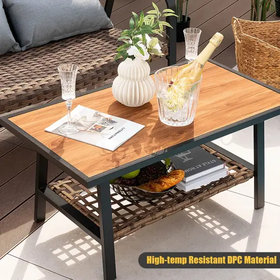 2 Pieces Patio Rattan Coffee Table Set with Shelf {6}