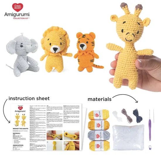 Red Heart Amigurumi Crochet Kit Collection - Safari-Giraffe, Lion, Tiger & Elephant {6}