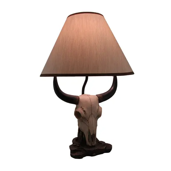 Cattle Ranch Decorative Steer Skull Table Lamp with Beige Fabric Shade {1}