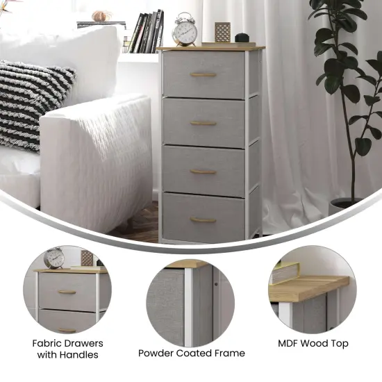 Emma and Oliver Marley 4 Drawer Storage Dresser with Cast Iron Frame, Wood Top and Easy Pull Fabric Drawers with Wooden Handles BeigeDrawer/White {2}