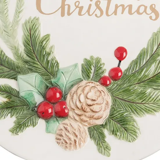 13" x 13" "Merry Christmas" Handpainted Round Dolomite Platter with Pinecone Accents {3}