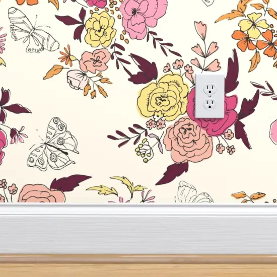 Peel & Stick Wallpaper 2FT Wide Pink Cream Yellow Butterflies Floral Orange Rose Daisy Crimson Sketchbook Hand Drawn Large Scale Botanical Kitsch Custom Removable Wallpaper by Spoonflower {4}