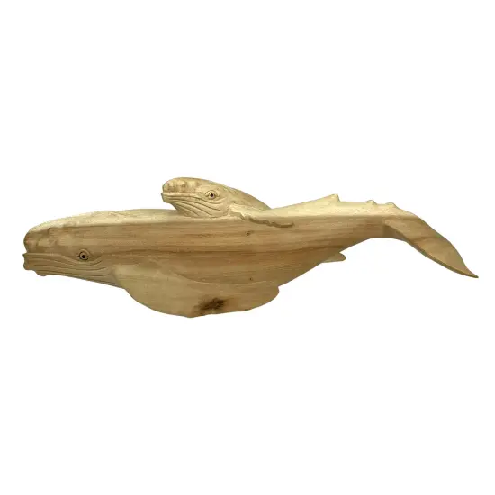 Beautiful Carved Teak Wood Humpback Whale and Baby Tabletop Statue 20 Inch {7}