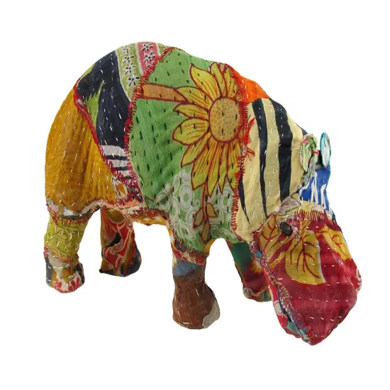 Vintage Sari Fabric Decorated Paper Mache Hippo Sculpture 6 in. {1}