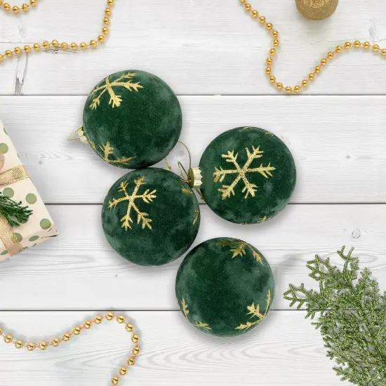Northlight Velvet Glass Christmas Ball Ornaments with Gold Snowflakes - 3" (75mm) - Green - 4ct {3}