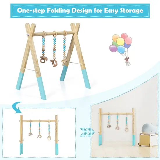 Portable 3 Wooden Newborn Baby Exercise Activity Gym Teething Toys Hanging Bar Blue {5}