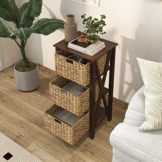 Costway 1/2 PCS 3-Tier Nightstand with 3 Seagrass Baskets Rubber Wood X-Shaped Frames 3 Drawers {9}