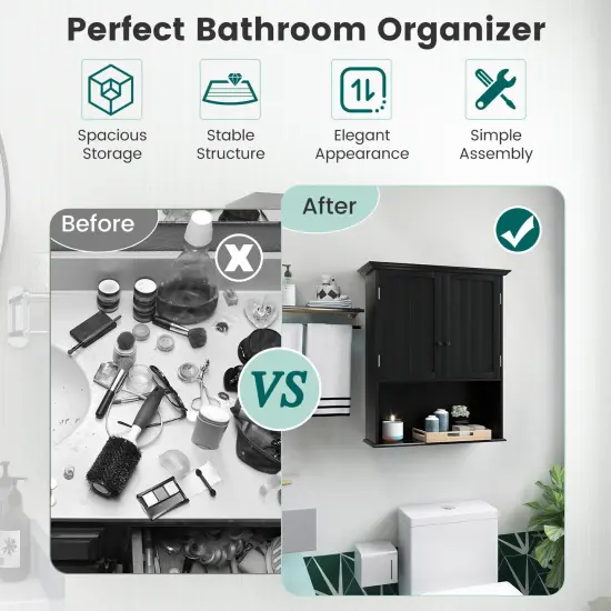 2-Door Wall Mount Bathroom Storage Cabinet with Open Shelf Black {6}